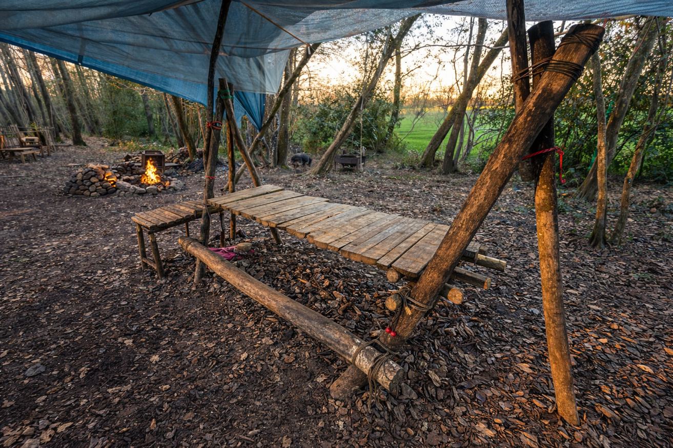 Coin feu de camp au coucher du soleil dans le bois – Les Pétillières