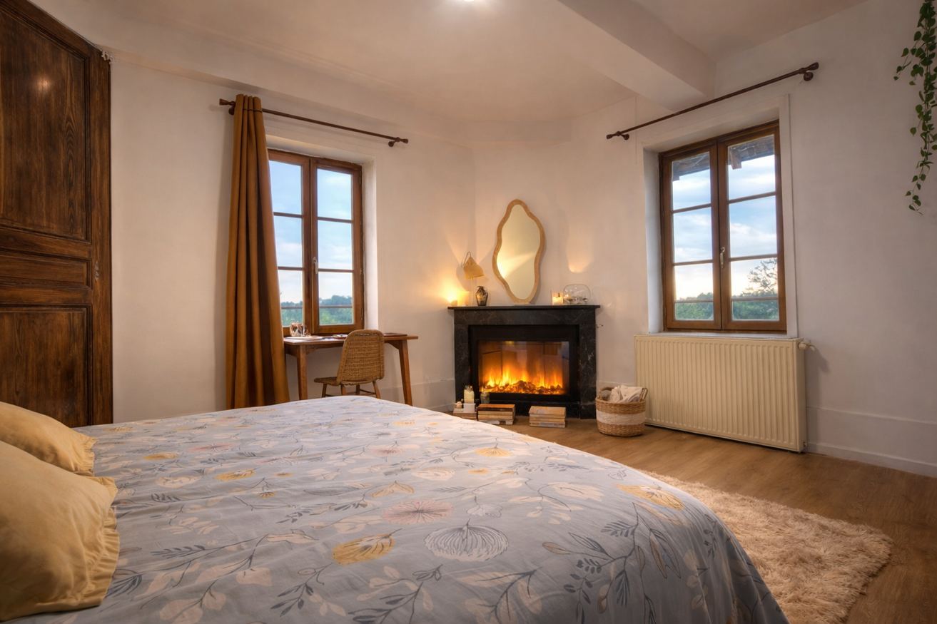 Chambre king size avec cheminée et fenêtres vue nature – Gîte Les Pétillières en Dombes