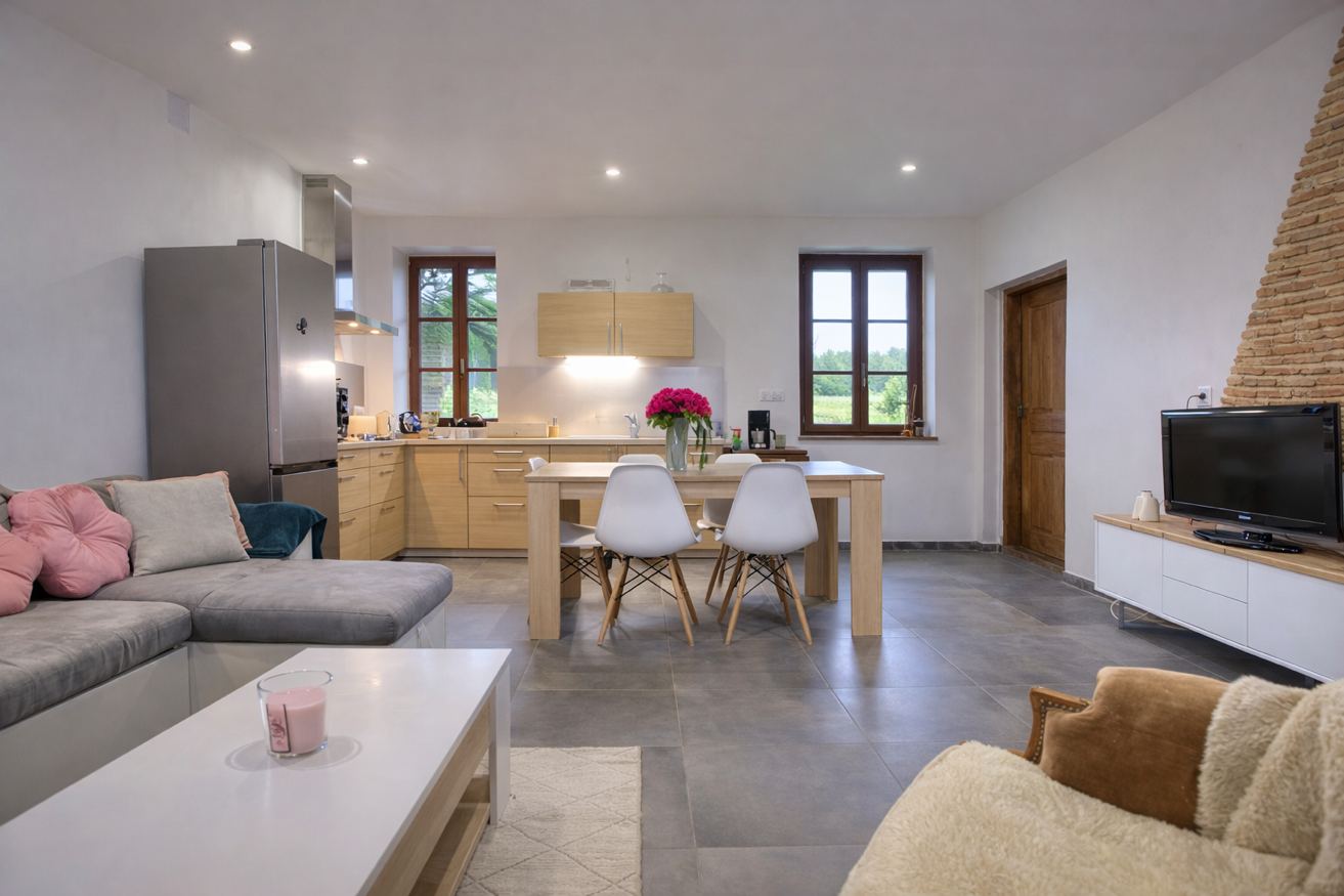 Vue d'ensemble cuisine et séjour – Gîte Les Pétillières