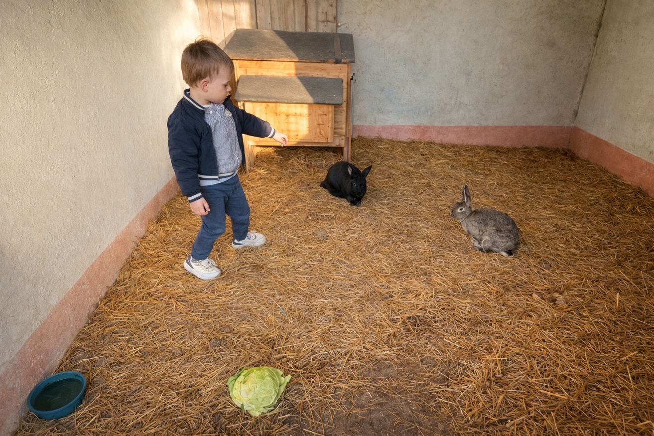 Enfant avec les lapins dans leur enclos – Ferme Les Pétillières