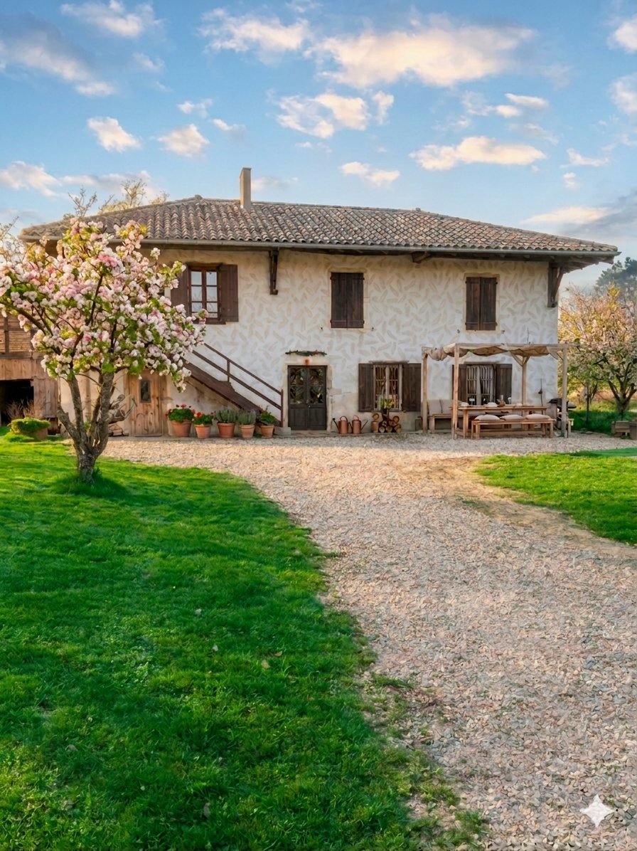 Façade de la ferme Les Pétillières au printemps