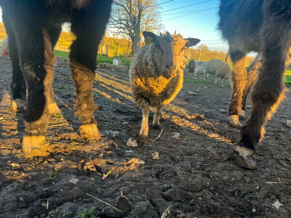 Mouton entre les pattes des ânes à la ferme – Les Pétillières