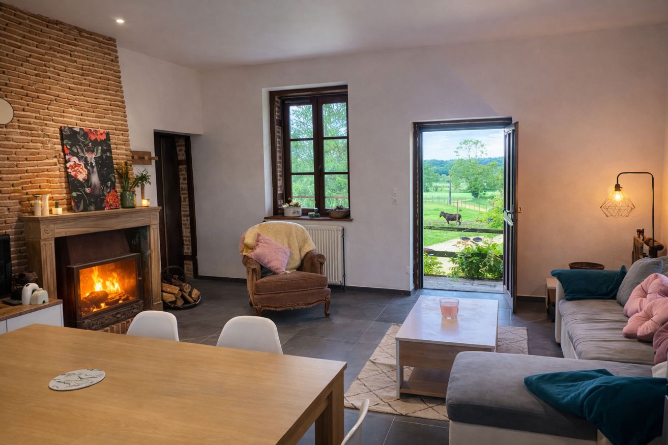 Salon avec cheminée allumée et vue sur le cheval depuis la porte – Gîte Les Pétillières